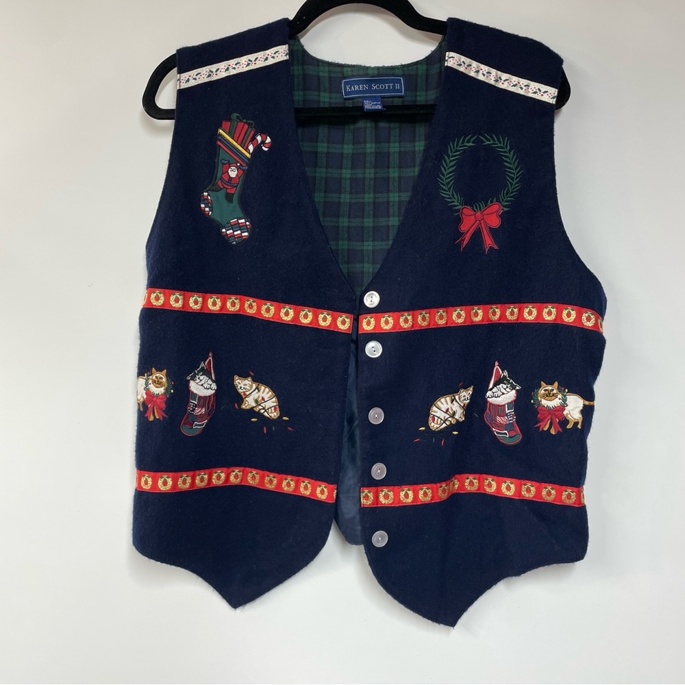Navy Blue Grandmacore Y2K Karen Scott Christmas Cat Holiday Felt Vest 2X Plaid - Picture 1 of 7